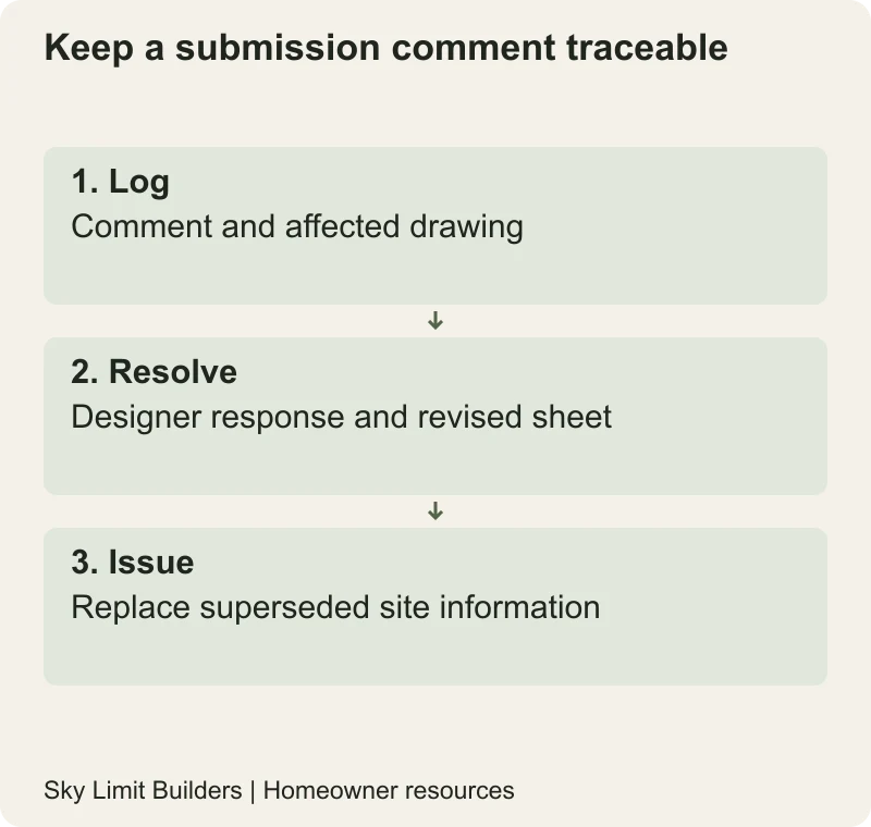 Keep a submission comment traceable: Log — Comment and affected drawing; Resolve — Designer response and revised sheet; Issue — Replace superseded site information
