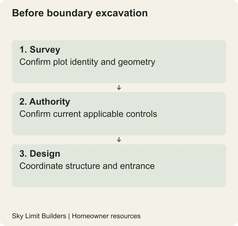 Before boundary excavation: Survey — Confirm plot identity and geometry; Authority — Confirm current applicable controls; Design — Coordinate structure and entrance