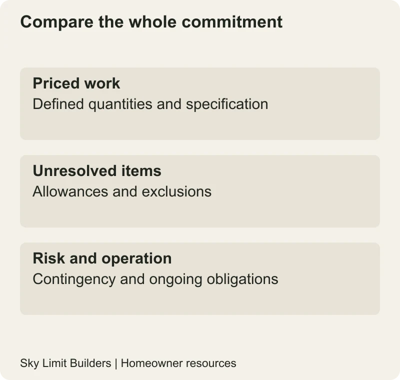 Compare the whole commitment: Priced work — Defined quantities and specification; Unresolved items — Allowances and exclusions; Risk and operation — Contingency and ongoing obligations