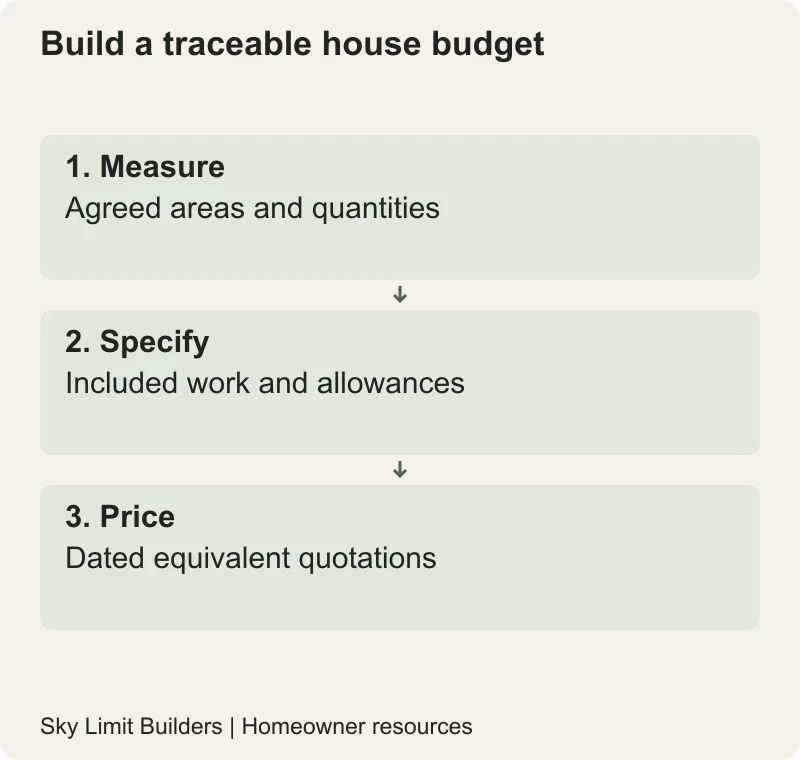 Build a traceable house budget: Measure — Agreed areas and quantities; Specify — Included work and allowances; Price — Dated equivalent quotations
