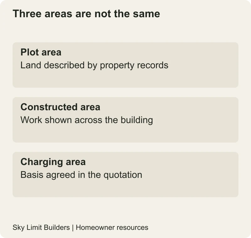 Three areas are not the same: Plot area — Land described by property records; Constructed area — Work shown across the building; Charging area — Basis agreed in the quotation