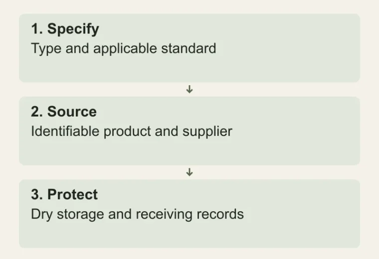 Cement buying decisions: Specify — Type and applicable standard; Source — Identifiable product and supplier; Protect — Dry storage and receiving records