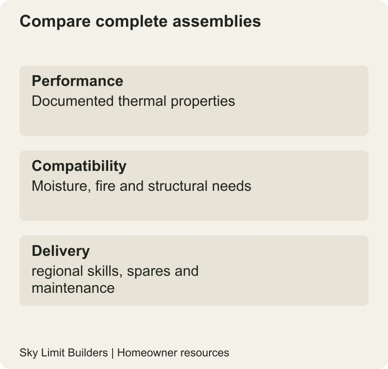 Compare complete assemblies: Performance — Documented thermal properties; Compatibility — Moisture, fire and structural needs; Delivery — regional skills, spares and maintenance
