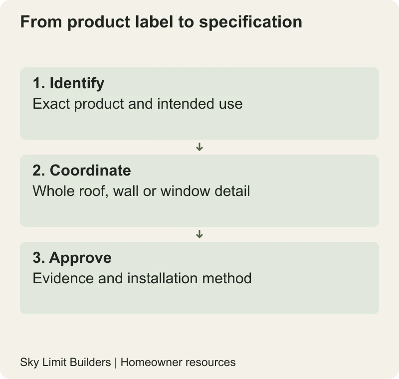 From product label to specification: Identify — Exact product and intended use; Coordinate — Whole roof, wall or window detail; Approve — Evidence and installation method