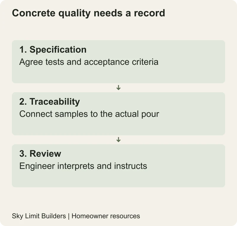 Concrete quality needs a record: Specification — Agree tests and acceptance criteria; Traceability — Connect samples to the actual pour; Review — Engineer interprets and instructs