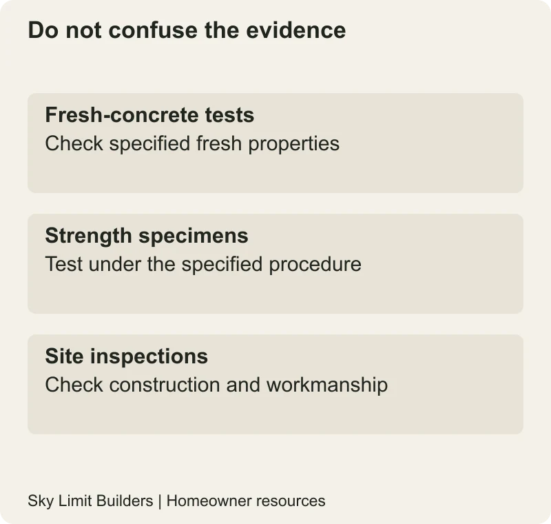 Do not confuse the evidence: Fresh-concrete tests — Check specified fresh properties; Strength specimens — Test under the specified procedure; Site inspections — Check construction and workmanship