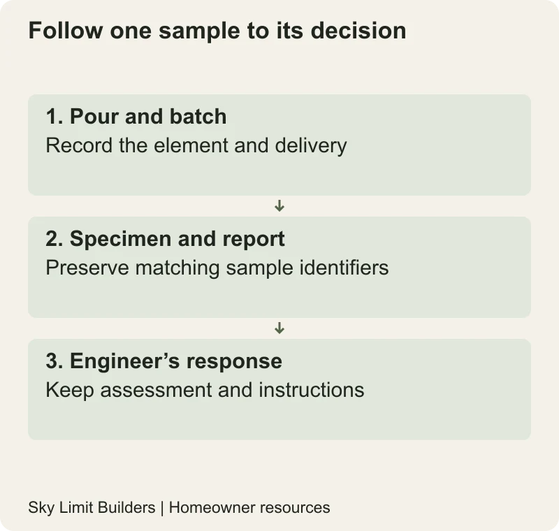 Follow one sample to its decision: Pour and batch — Record the element and delivery; Specimen and report — Preserve matching sample identifiers; Engineer’s response — Keep assessment and instructions
