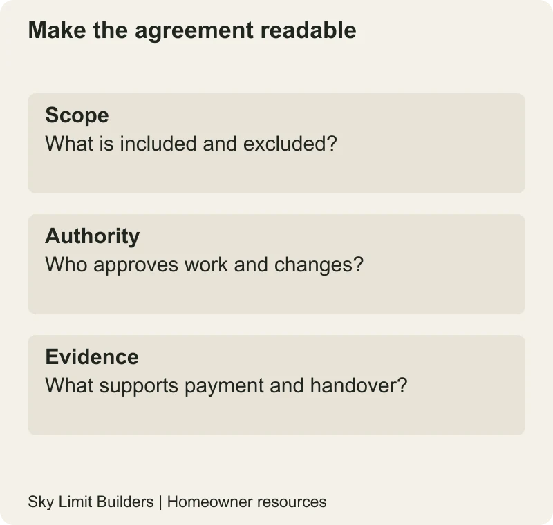 Make the agreement readable: Scope — What is included and excluded?; Authority — Who approves work and changes?; Evidence — What supports payment and handover?