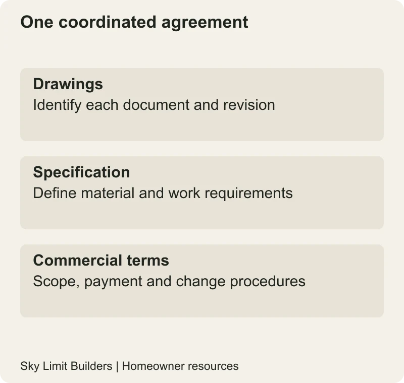 One coordinated agreement: Drawings — Identify each document and revision; Specification — Define material and work requirements; Commercial terms — Scope, payment and change procedures