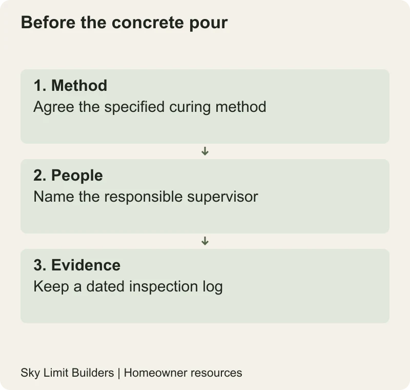 Before the concrete pour: Method — Agree the specified curing method; People — Name the responsible supervisor; Evidence — Keep a dated inspection log