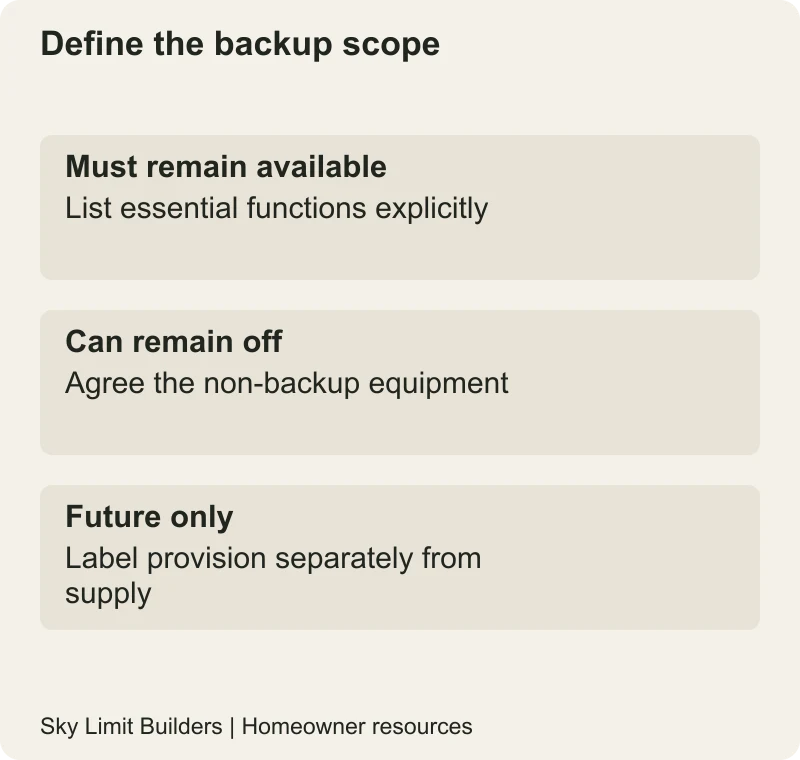 Define the backup scope: Must remain available — List essential functions explicitly; Can remain off — Agree the non-backup equipment; Future only — Label provision separately from supply