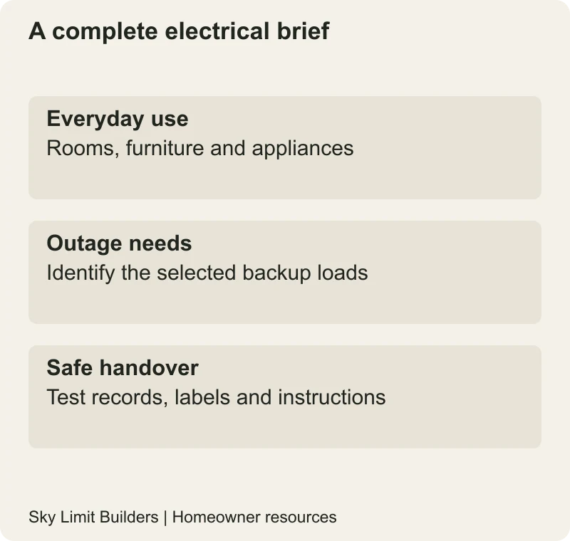 A complete electrical brief: Everyday use — Rooms, furniture and appliances; Outage needs — Identify the selected backup loads; Safe handover — Test records, labels and instructions
