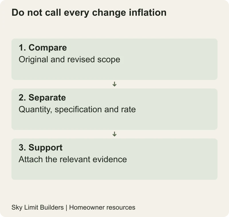 Do not call every change inflation: Compare — Original and revised scope; Separate — Quantity, specification and rate; Support — Attach the relevant evidence