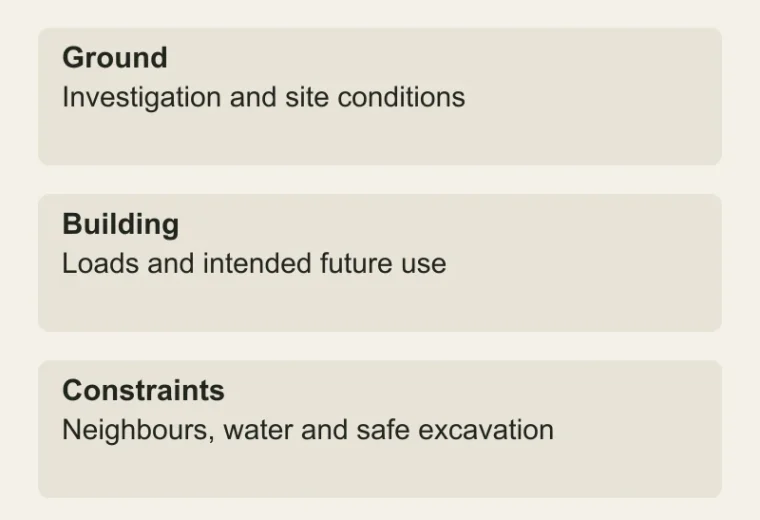 Foundation choice needs evidence: Ground — Investigation and site conditions; Building — Loads and intended future use; Constraints — Neighbours, water and safe excavation