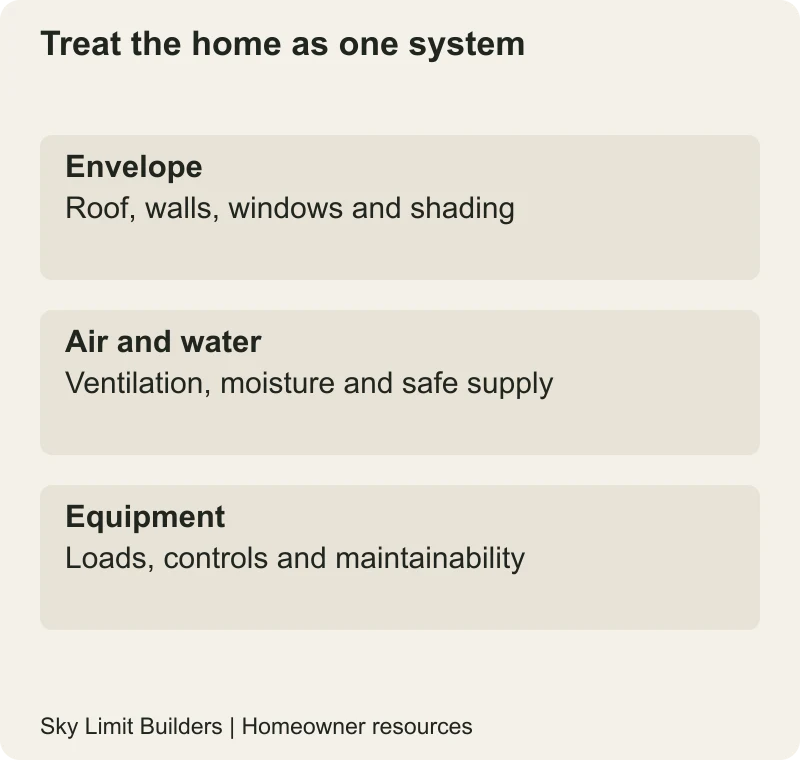 Treat the home as one system: Envelope — Roof, walls, windows and shading; Air and water — Ventilation, moisture and safe supply; Equipment — Loads, controls and maintainability
