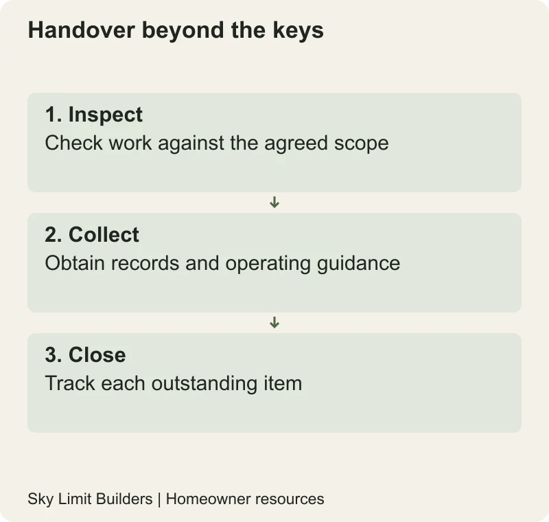 Handover beyond the keys: Inspect — Check work against the agreed scope; Collect — Obtain records and operating guidance; Close — Track each outstanding item