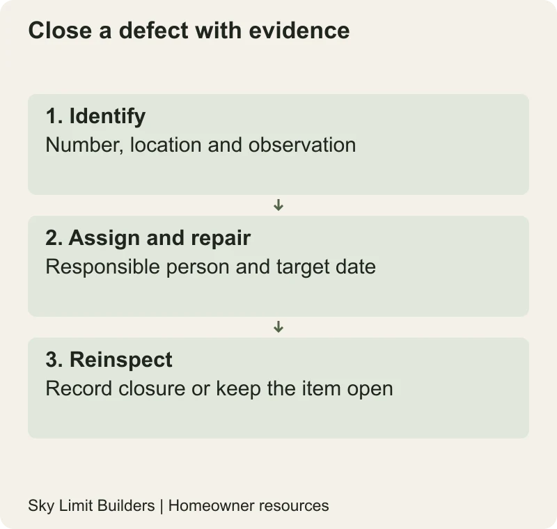Close a defect with evidence: Identify — Number, location and observation; Assign and repair — Responsible person and target date; Reinspect — Record closure or keep the item open