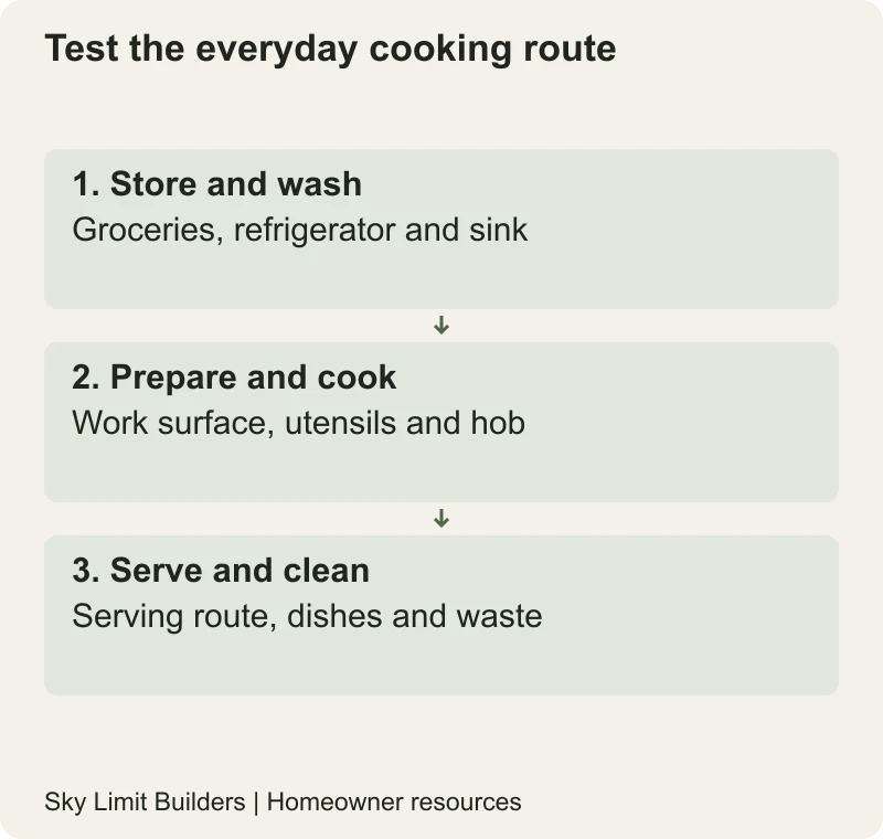 Test the everyday cooking route: Store and wash — Groceries, refrigerator and sink; Prepare and cook — Work surface, utensils and hob; Serve and clean — Serving route, dishes and waste