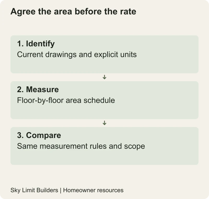 Agree the area before the rate: Identify — Current drawings and explicit units; Measure — Floor-by-floor area schedule; Compare — Same measurement rules and scope