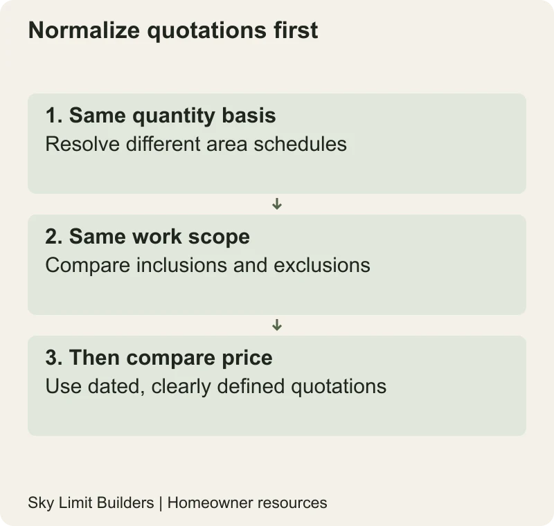 Normalize quotations first: Same quantity basis — Resolve different area schedules; Same work scope — Compare inclusions and exclusions; Then compare price — Use dated, clearly defined quotations