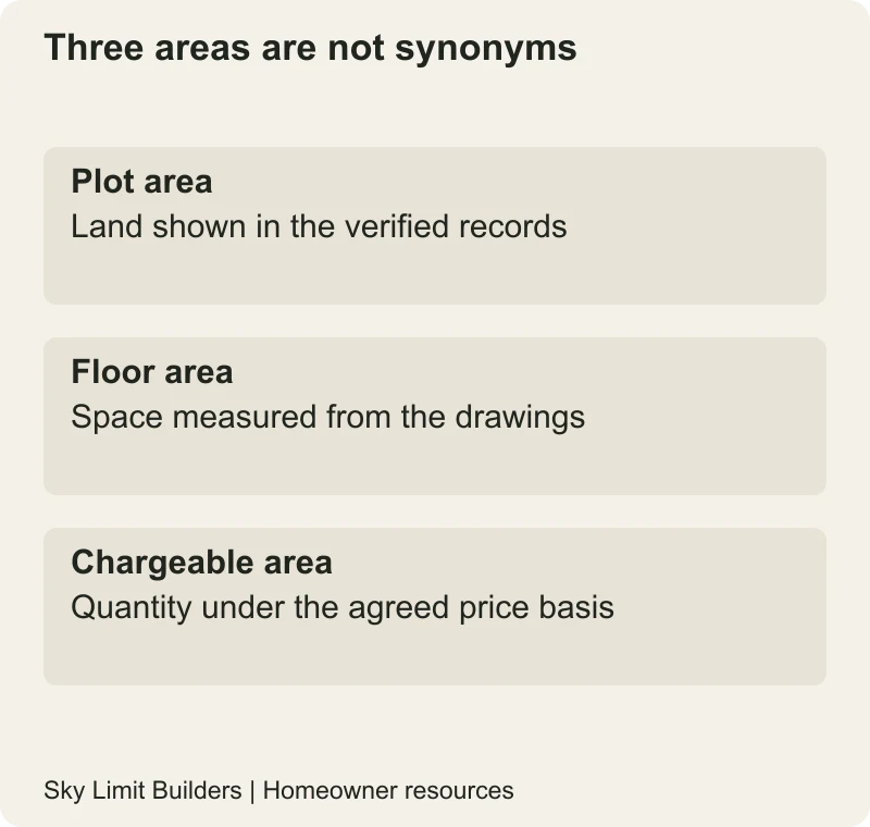 Three areas are not synonyms: Plot area — Land shown in the verified records; Floor area — Space measured from the drawings; Chargeable area — Quantity under the agreed price basis