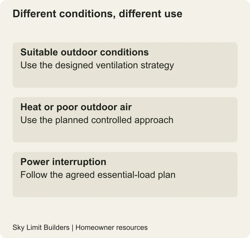 Different conditions, different use: Suitable outdoor conditions — Use the designed ventilation strategy; Heat or poor outdoor air — Use the planned controlled approach; Power interruption — Follow the agreed essential-load plan