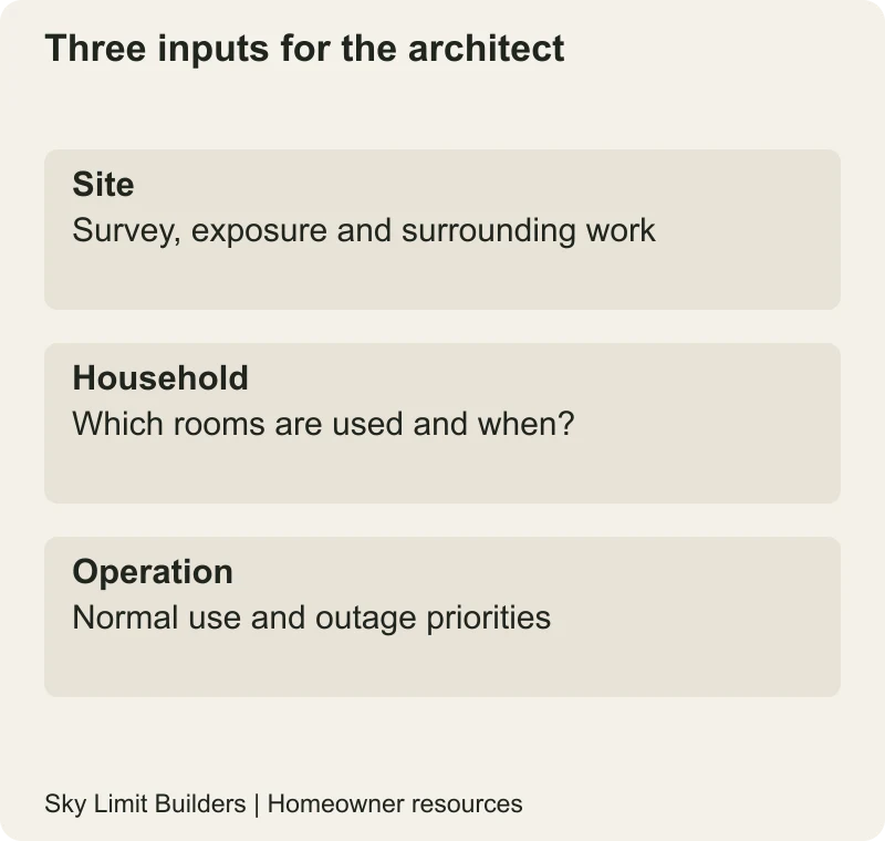 Three inputs for the architect: Site — Survey, exposure and surrounding work; Household — Which rooms are used and when?; Operation — Normal use and outage priorities