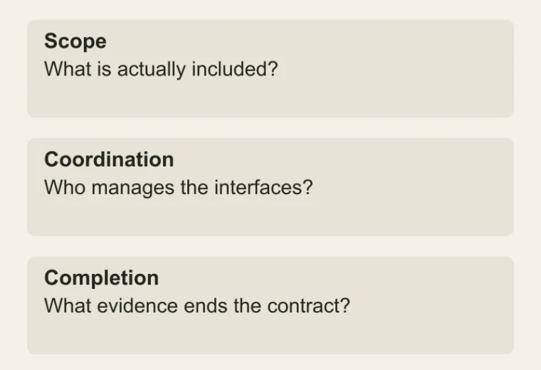 Grey structure or turnkey?: Scope — What is actually included?; Coordination — Who manages the interfaces?; Completion — What evidence ends the contract?