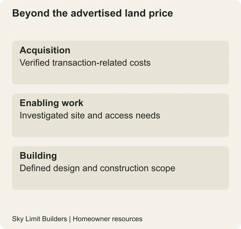 Beyond the advertised land price: Acquisition — Verified transaction-related costs; Enabling work — Investigated site and access needs; Building — Defined design and construction scope