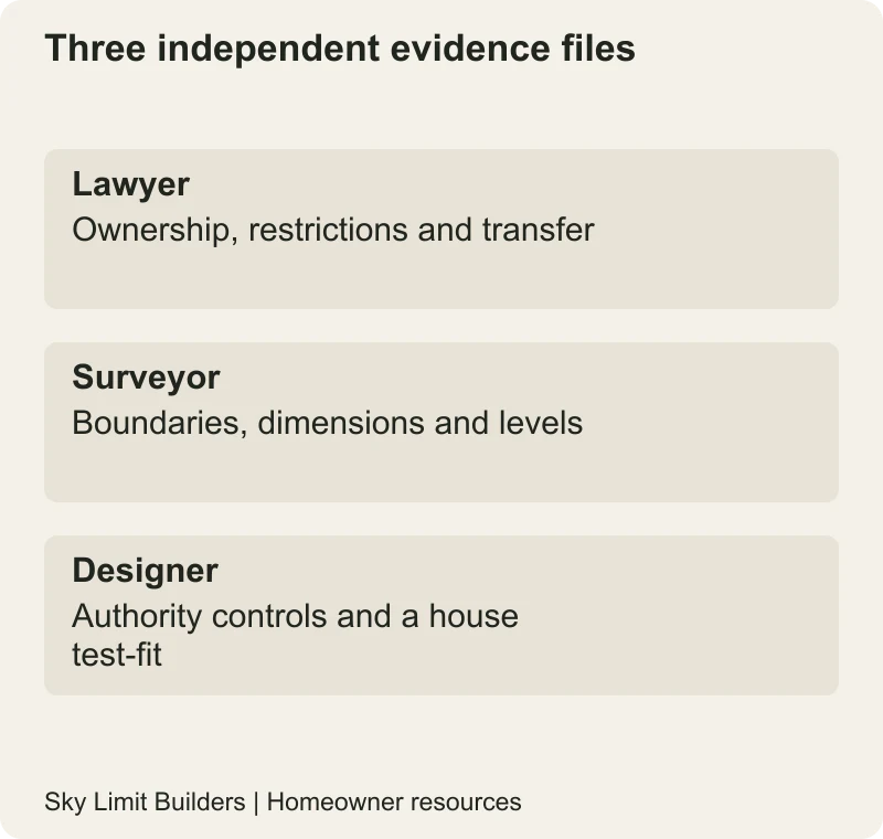 Three independent evidence files: Lawyer — Ownership, restrictions and transfer; Surveyor — Boundaries, dimensions and levels; Designer — Authority controls and a house test-fit