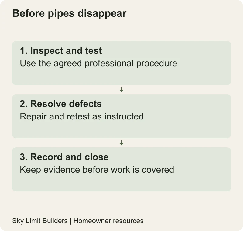 Before pipes disappear: Inspect and test — Use the agreed professional procedure; Resolve defects — Repair and retest as instructed; Record and close — Keep evidence before work is covered