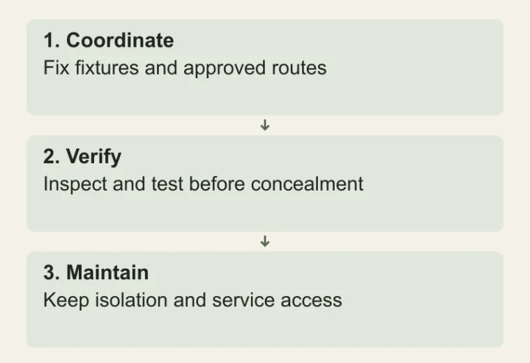 Plumbing that stays accessible: Coordinate — Fix fixtures and approved routes; Verify — Inspect and test before concealment; Maintain — Keep isolation and service access