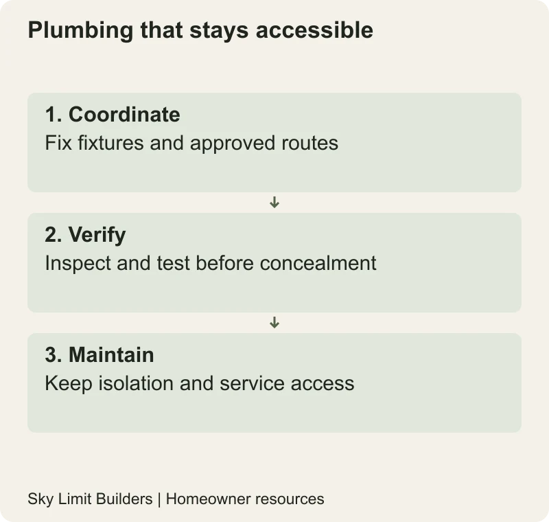 Plumbing that stays accessible: Coordinate — Fix fixtures and approved routes; Verify — Inspect and test before concealment; Maintain — Keep isolation and service access