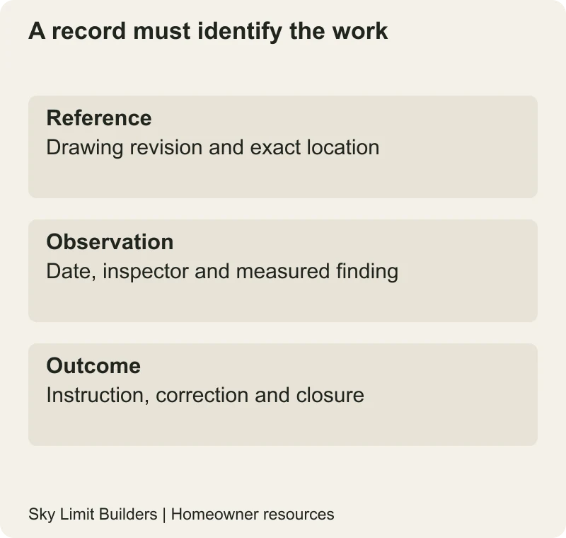 A record must identify the work: Reference — Drawing revision and exact location; Observation — Date, inspector and measured finding; Outcome — Instruction, correction and closure