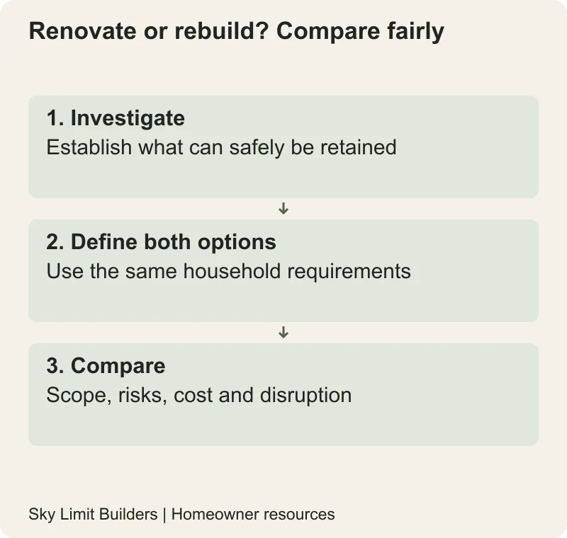 Renovate or rebuild? Compare fairly: Investigate — Establish what can safely be retained; Define both options — Use the same household requirements; Compare — Scope, risks, cost and disruption