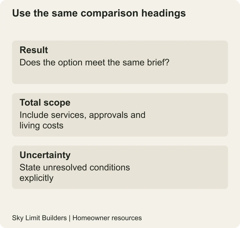Use the same comparison headings: Result — Does the option meet the same brief?; Total scope — Include services, approvals and living costs; Uncertainty — State unresolved conditions explicitly