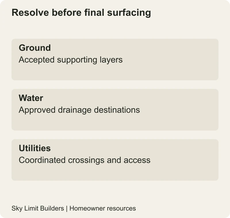 Resolve before final surfacing: Ground — Accepted supporting layers; Water — Approved drainage destinations; Utilities — Coordinated crossings and access