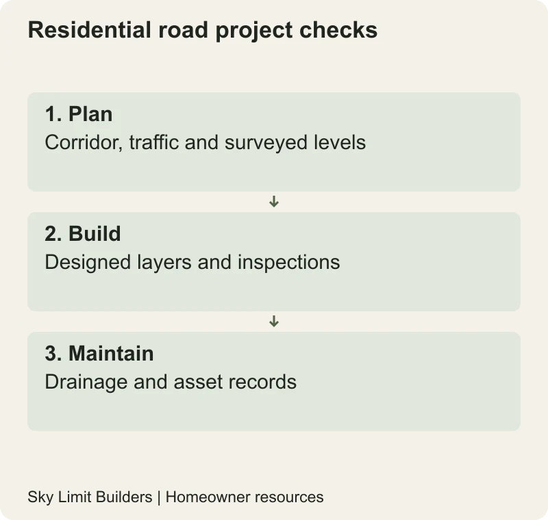 Residential road project checks: Plan — Corridor, traffic and surveyed levels; Build — Designed layers and inspections; Maintain — Drainage and asset records