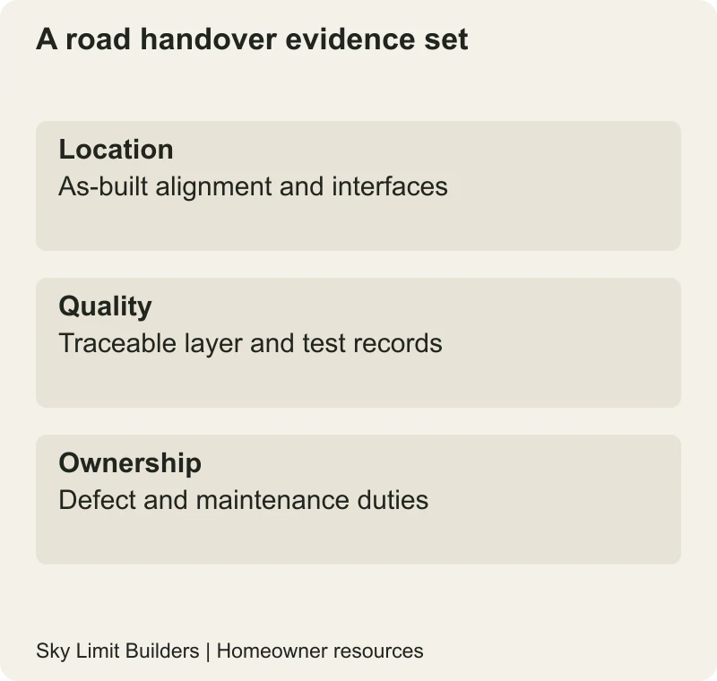 A road handover evidence set: Location — As-built alignment and interfaces; Quality — Traceable layer and test records; Ownership — Defect and maintenance duties