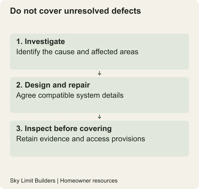 Do not cover unresolved defects: Investigate — Identify the cause and affected areas; Design and repair — Agree compatible system details; Inspect before covering — Retain evidence and access provisions