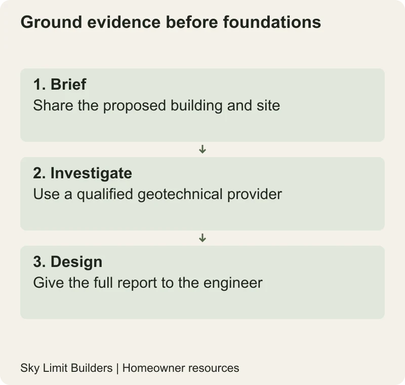 Ground evidence before foundations: Brief — Share the proposed building and site; Investigate — Use a qualified geotechnical provider; Design — Give the full report to the engineer