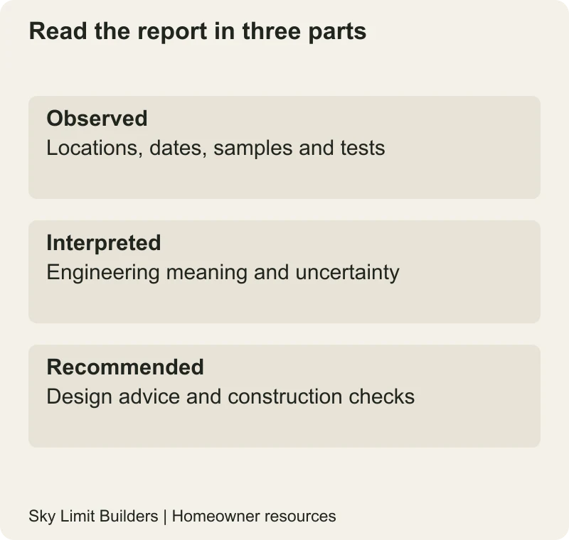 Read the report in three parts: Observed — Locations, dates, samples and tests; Interpreted — Engineering meaning and uncertainty; Recommended — Design advice and construction checks