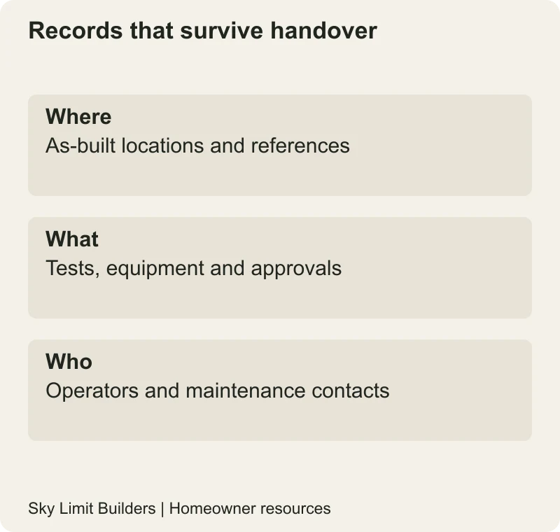 Records that survive handover: Where — As-built locations and references; What — Tests, equipment and approvals; Who — Operators and maintenance contacts