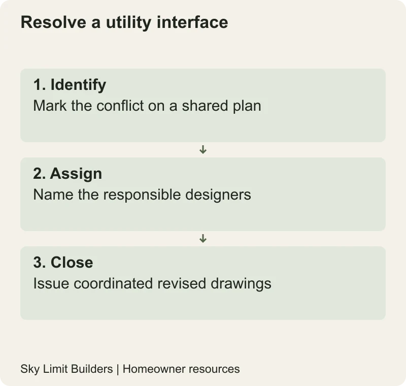 Resolve a utility interface: Identify — Mark the conflict on a shared plan; Assign — Name the responsible designers; Close — Issue coordinated revised drawings