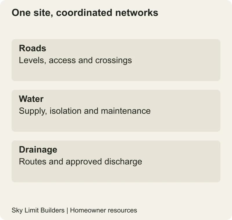 One site, coordinated networks: Roads — Levels, access and crossings; Water — Supply, isolation and maintenance; Drainage — Routes and approved discharge
