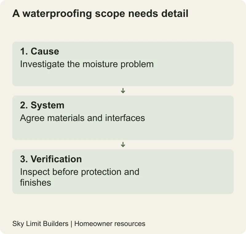A waterproofing scope needs detail: Cause — Investigate the moisture problem; System — Agree materials and interfaces; Verification — Inspect before protection and finishes