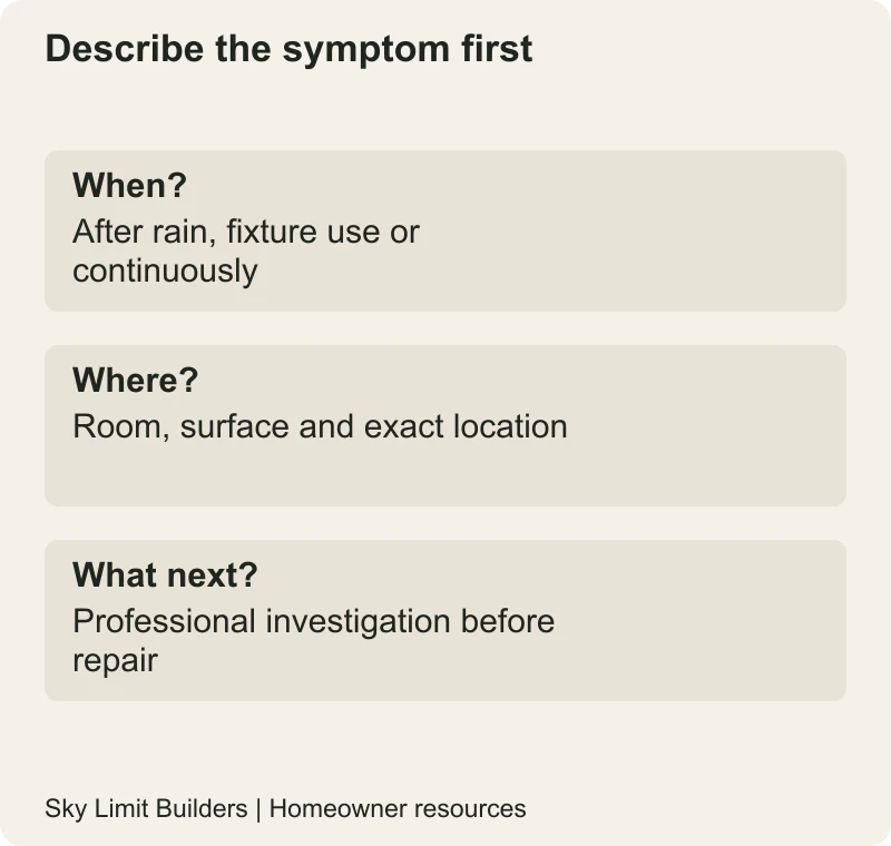 Describe the symptom first: When? — After rain, fixture use or continuously; Where? — Room, surface and exact location; What next? — Professional investigation before repair
