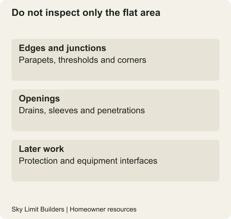 Do not inspect only the flat area: Edges and junctions — Parapets, thresholds and corners; Openings — Drains, sleeves and penetrations; Later work — Protection and equipment interfaces